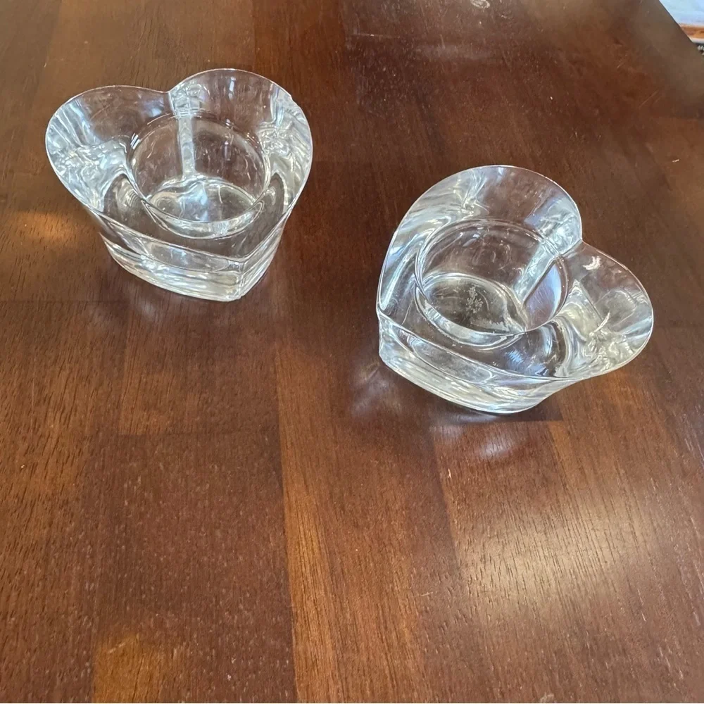 Crate & Barrel Clear Glass Heart Votive Candle Holders Pair Red Candles